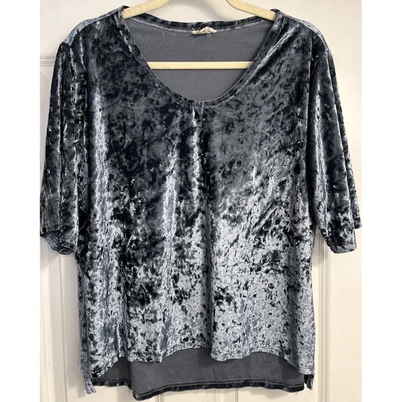 Pol Crushed Velour Top T Shirt Short Sleeve Front Pocket Blue Womens Size S - Picture 1 of 9